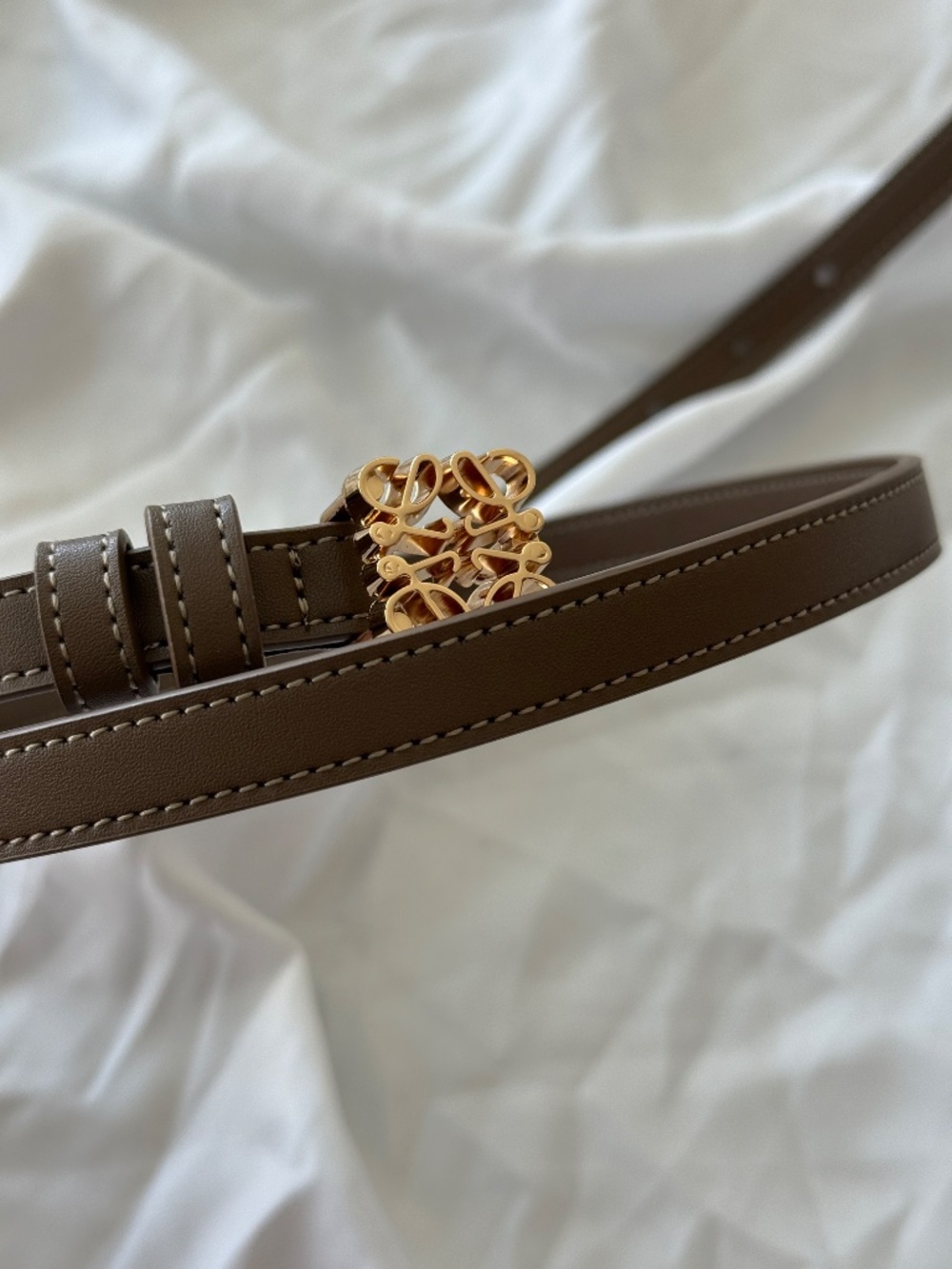 Loewe Anagram Logo Leather Belt Taupe Brown Gold Tone